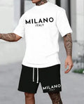 European style men's short sleeve polyester suit set with round neck top and matching shorts in multiple colours