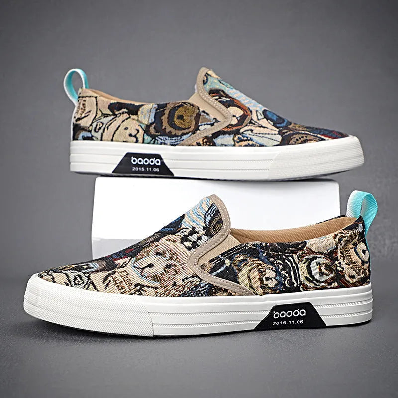 Canvas slip-on sneakers in khaki with vulcanised rubber sole and breathable mesh lining