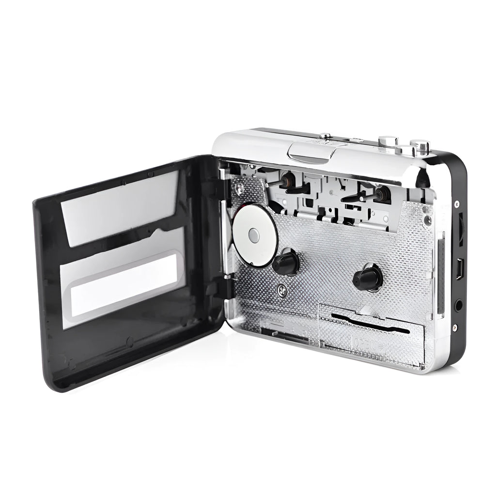 Silver USB cassette to MP3 converter player with digital display and USB cable