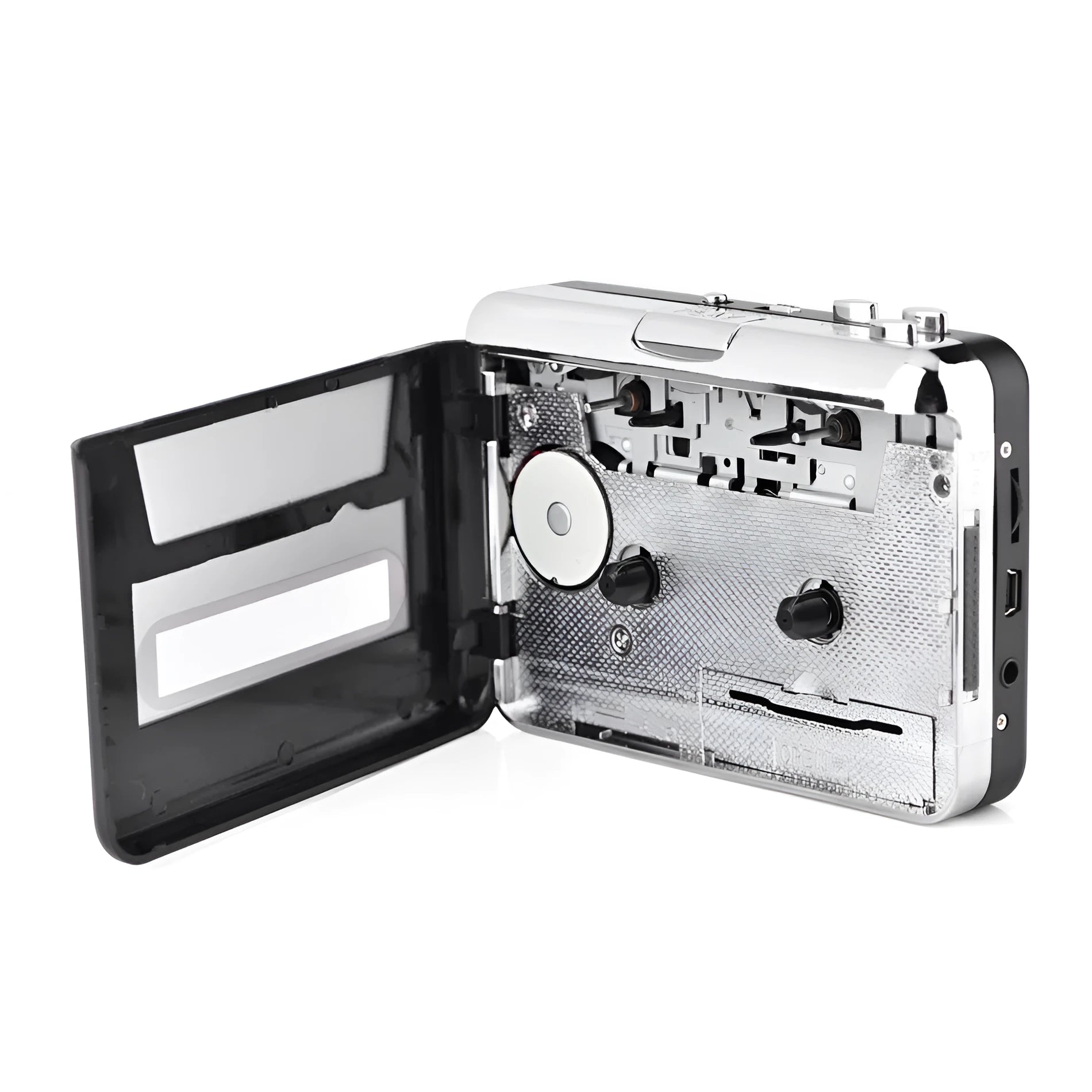 Silver USB cassette to MP3 converter player with digital display and USB cable