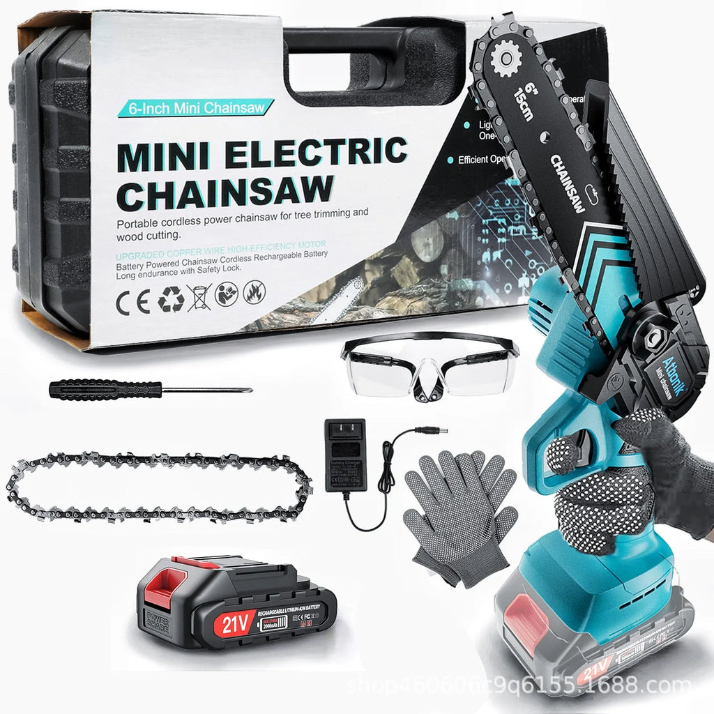 Handheld wireless mini chainsaw with 6-inch chain, two batteries, safety goggles, gloves, and storage case.