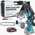 Handheld wireless mini chainsaw with 6-inch chain, two batteries, safety goggles, gloves, and storage case.