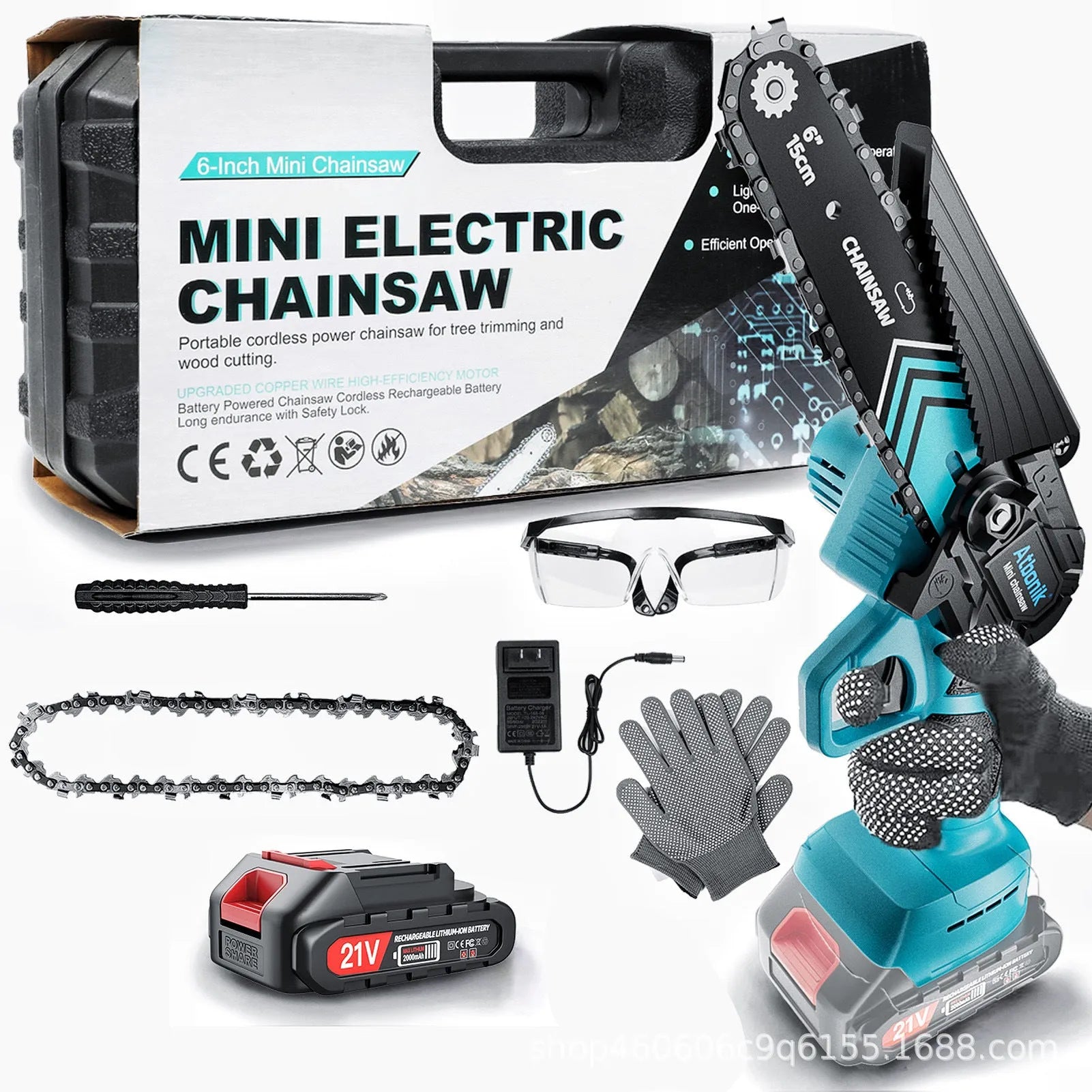 Handheld wireless mini chainsaw with 6-inch chain, two batteries, safety goggles, gloves, and storage case.