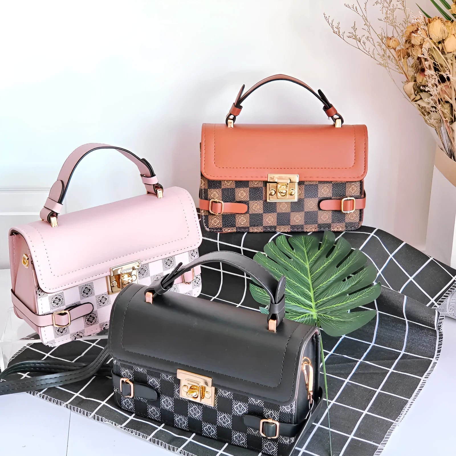 Structured small square PU crossbody bag in apricot with a retro pattern and file compartment.