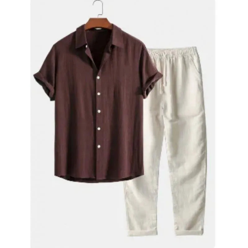 Men's casual short sleeve shirt and trousers set in polyester linen fabric with loose fit
