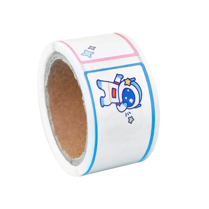 Cartoon name tape stickers roll with dinosaur, astronaut, rabbit, and girl design options