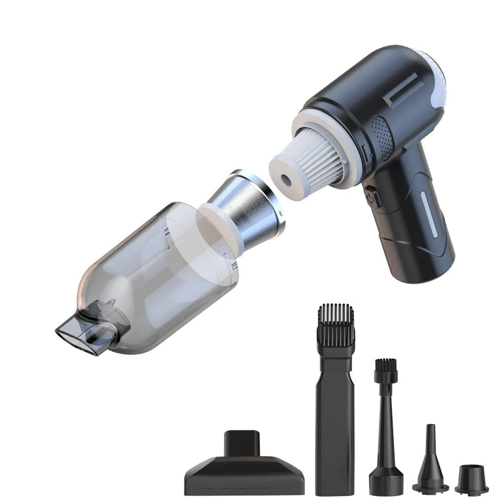 Handheld cordless pet vacuum cleaner with floor brush and nozzle attachments for removing cat and dog hair.