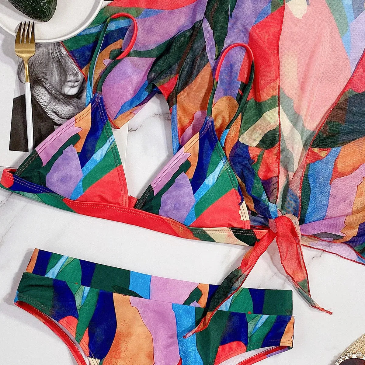 Red women's printed split swimsuit with triangle bikini briefs