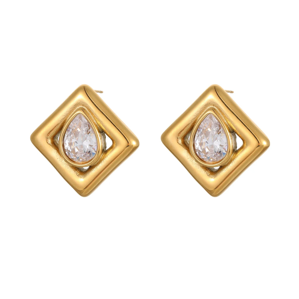 Geometric water drop zircon stud earrings in stainless steel with gold electroplating