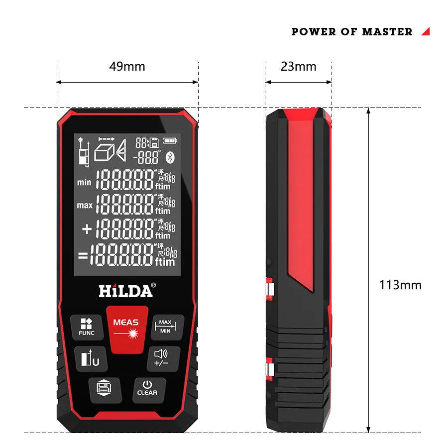 Handheld plastic laser rangefinder for distance measuring up to 120 metres.