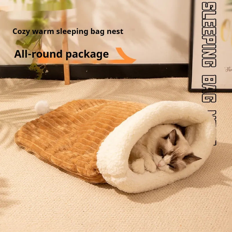 Flannel cat sleeping bag nest pet bed in pink Trojan pattern, measuring 50 by 40 centimetres.