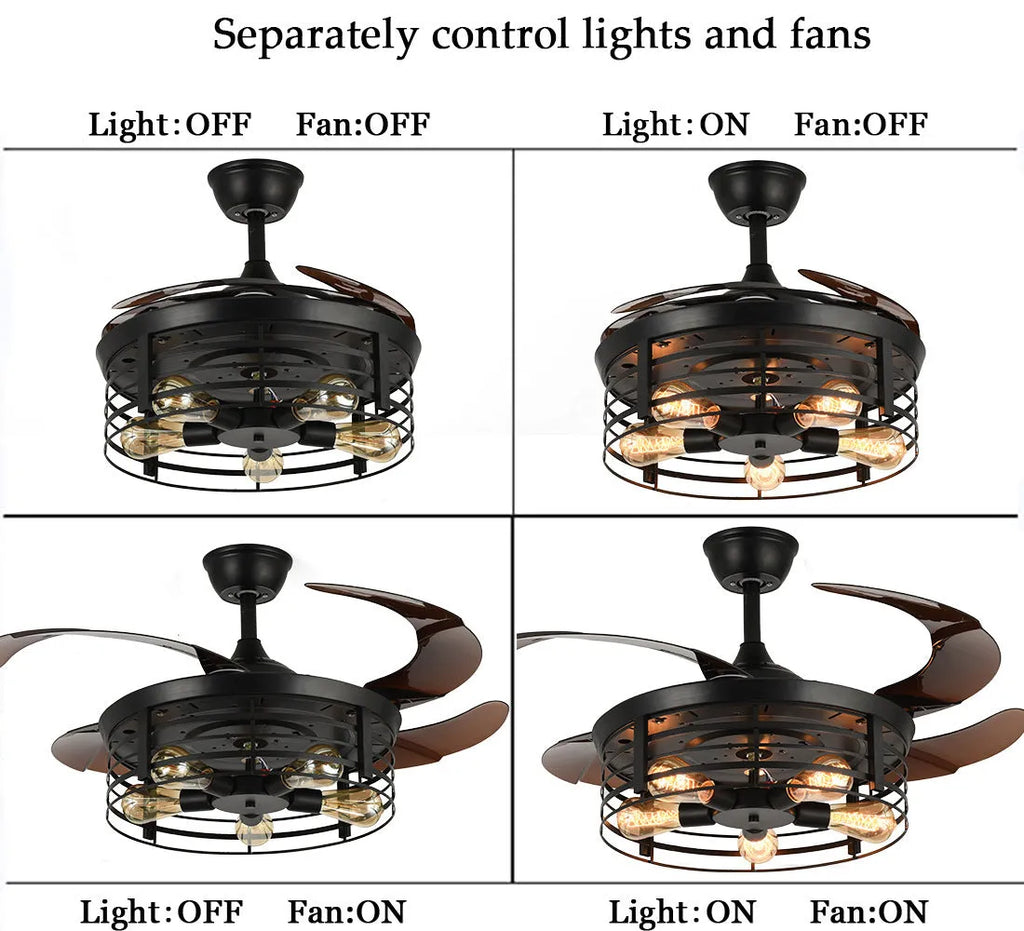 American retro industrial style ceiling fan lamp with acrylic blades and shade, remote control on table.