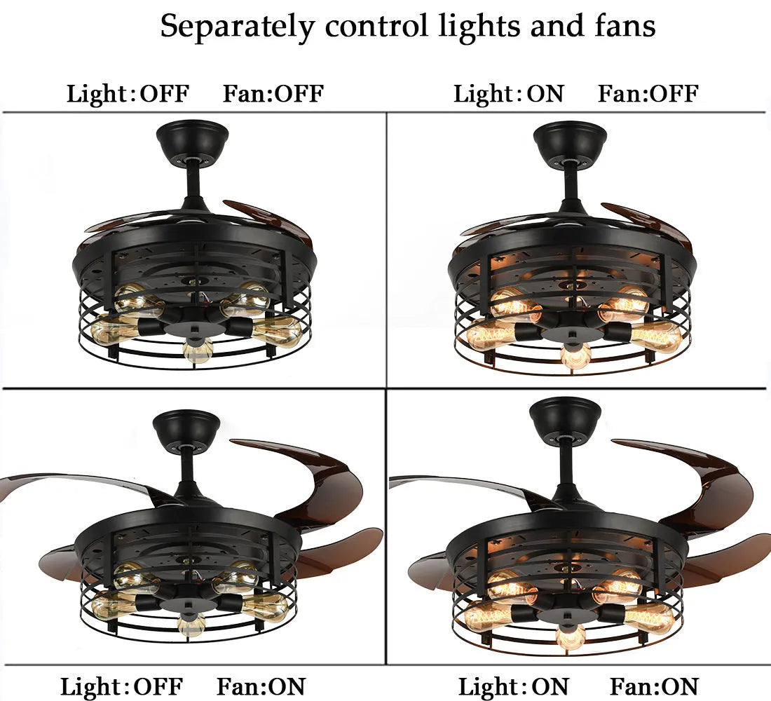 American retro industrial style ceiling fan lamp with acrylic blades and shade, remote control on table.