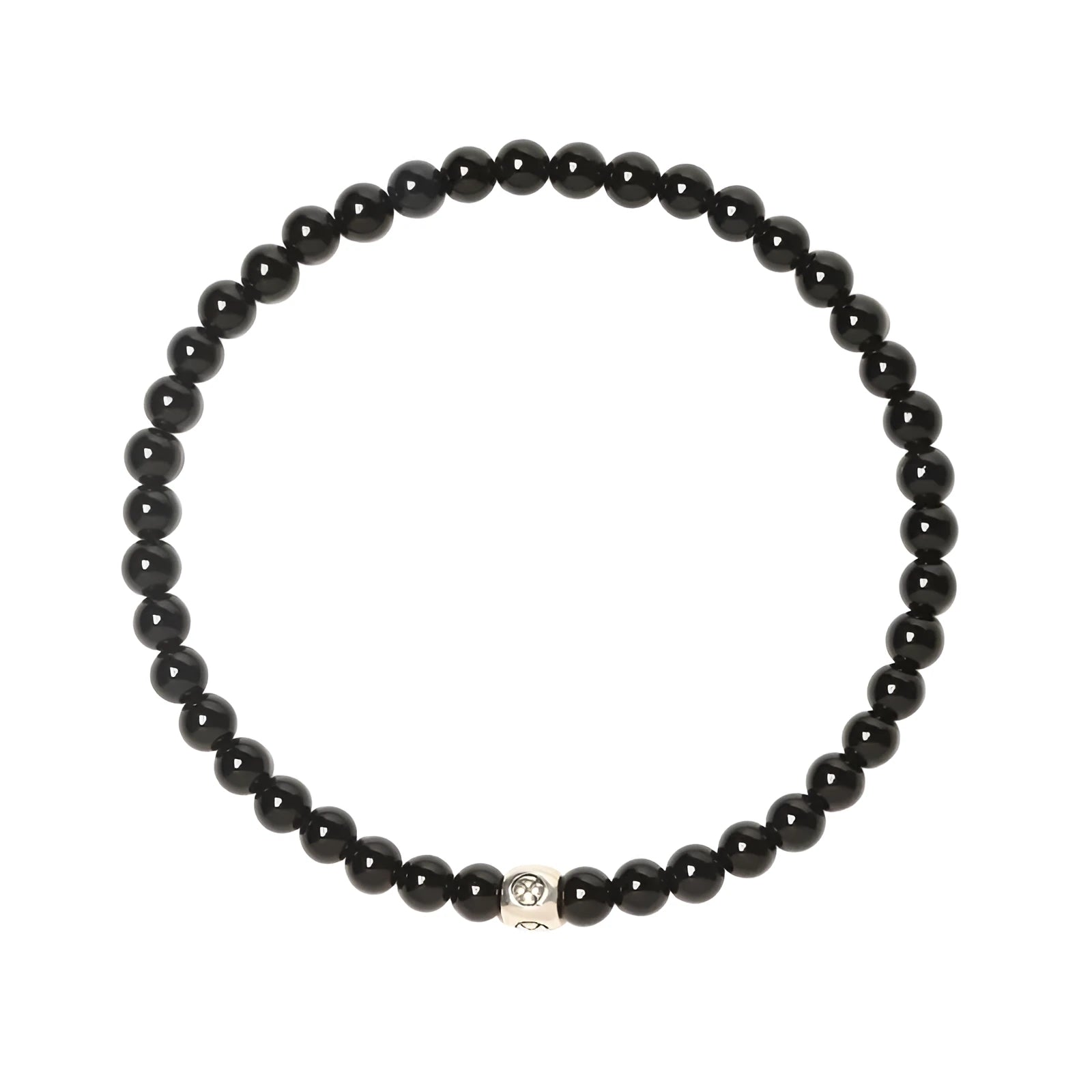Geometric unisex bracelet with 4mm black agate, blue san, and obsidian beads on a wrist.