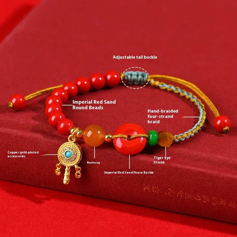 Red hand-woven cinnabar bracelet with geometric peace blessing buckle charm