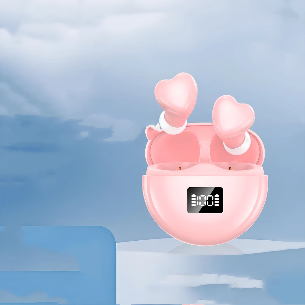 Heart-shaped digital display in-ear earbuds in pink, black, or white with 10m range and 4-8 hour battery