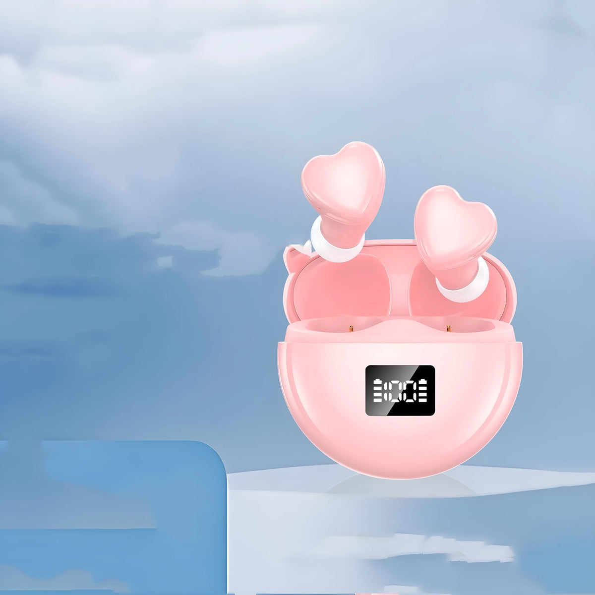 Heart-shaped digital display in-ear earbuds in pink, black, or white with 10m range and 4-8 hour battery