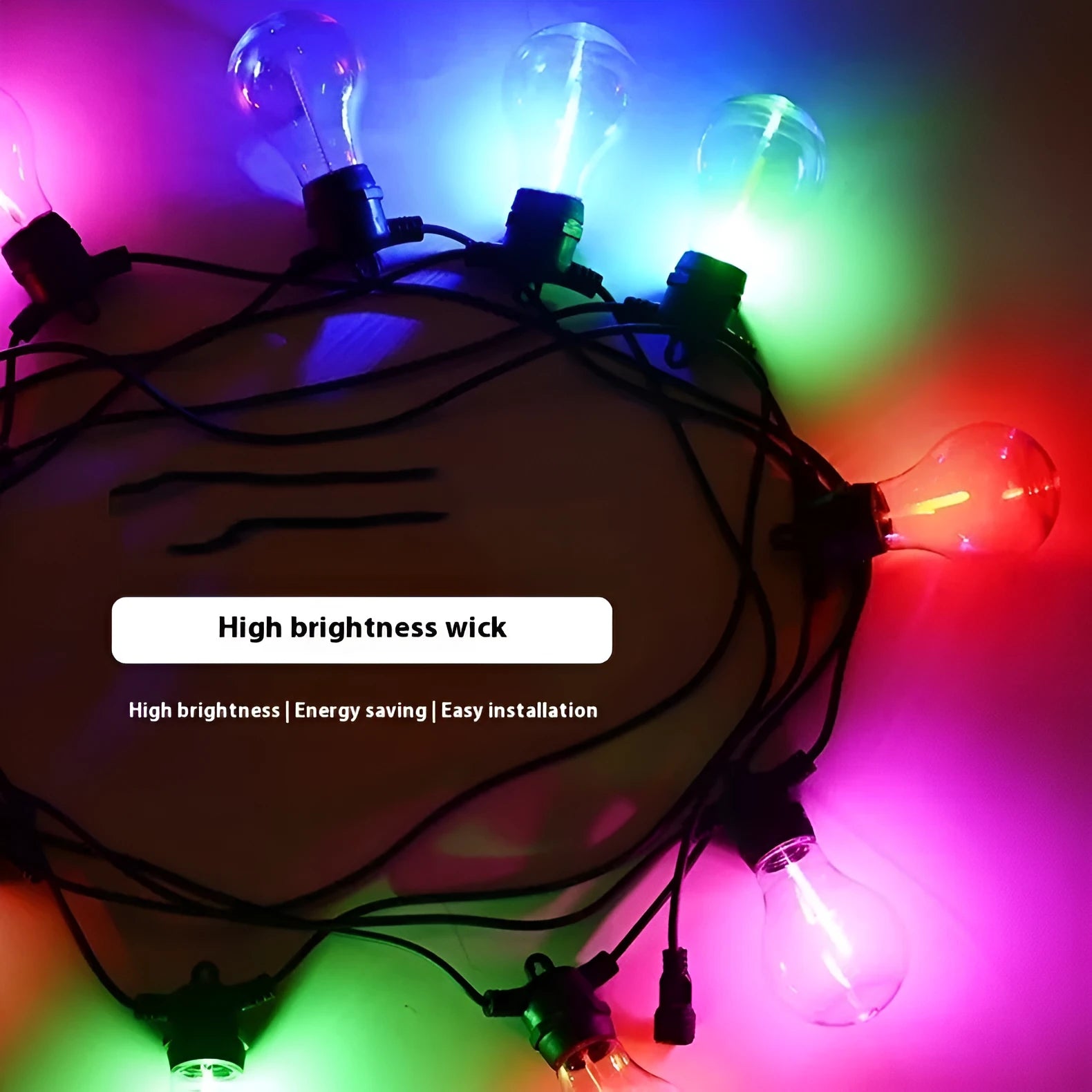 Outdoor waterproof string lights with 10 meteor-shaped LED bulbs on a 5 metre transparent cord.