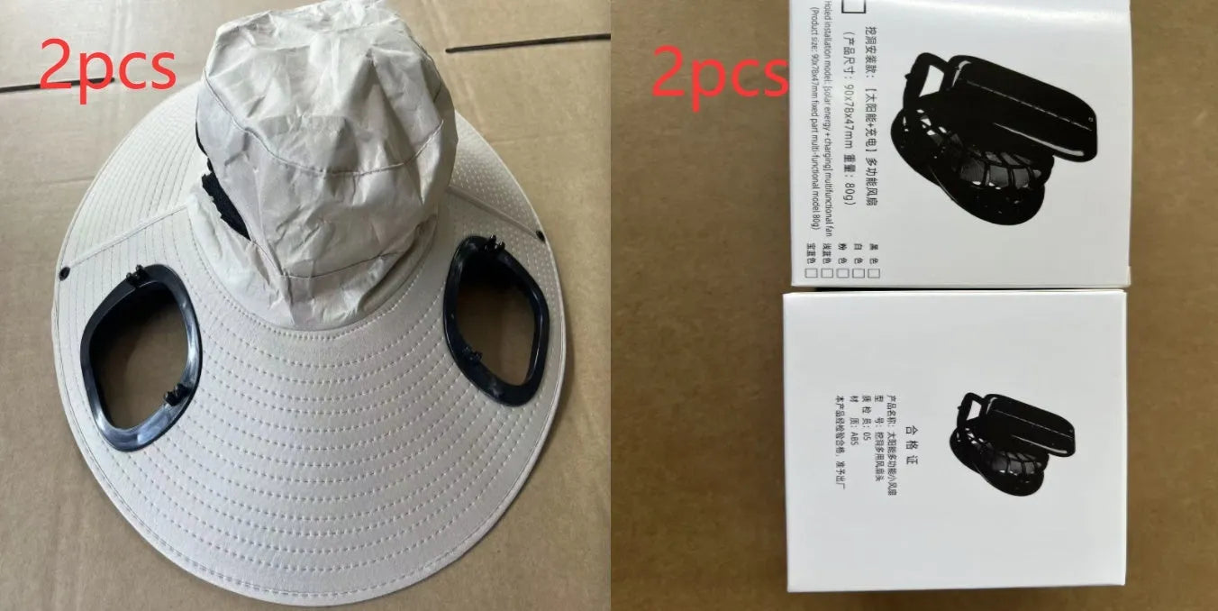 Men's grey solar fan cooling cap with wide brim and built-in ventilation fan