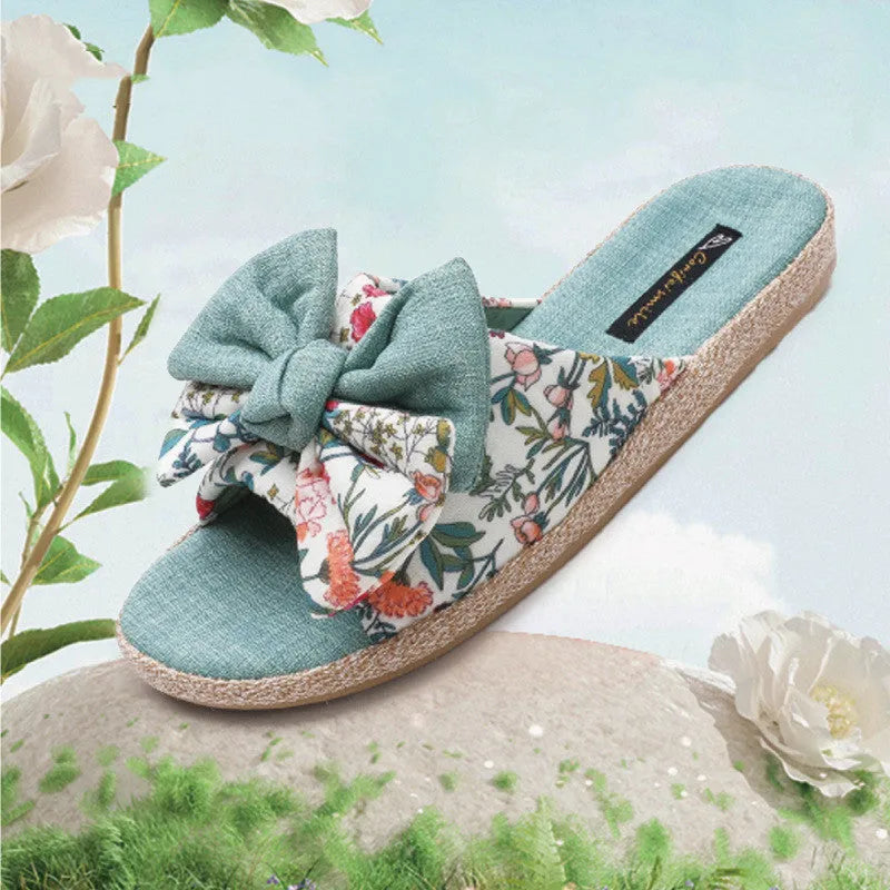 Women's linen non-slip open toe slippers with bow detail in Sea Blue on a light background