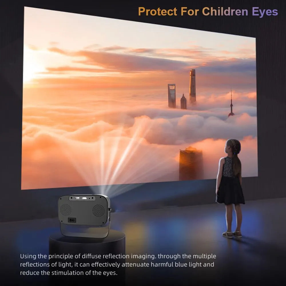 Black HD smart portable projector with remote control and cables for home office use