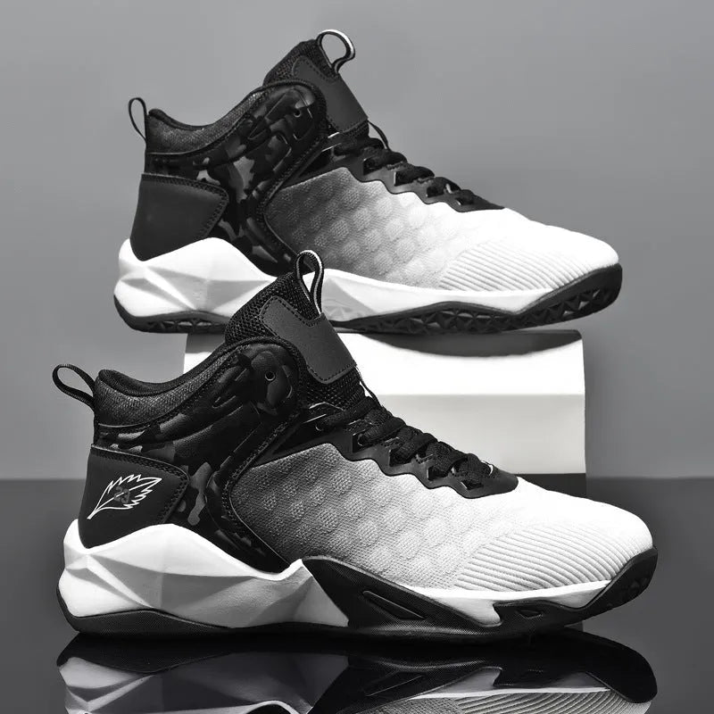 Men's mid-top gradient mesh breathable sneakers black white rubber sole front tie