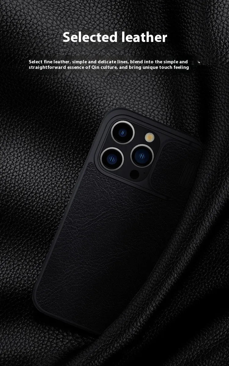 Black imitation leather flip phone case for iPhone, shown open and closed.