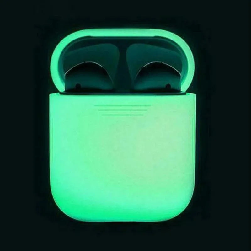 Luminous blue flip-top silicone protective case for Apple AirPods on a dark surface
