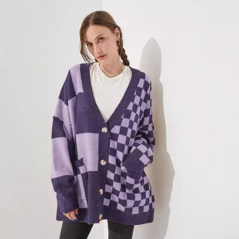 Loose slim fit cardigan with printed checks pattern in polyester spandex blend fabric