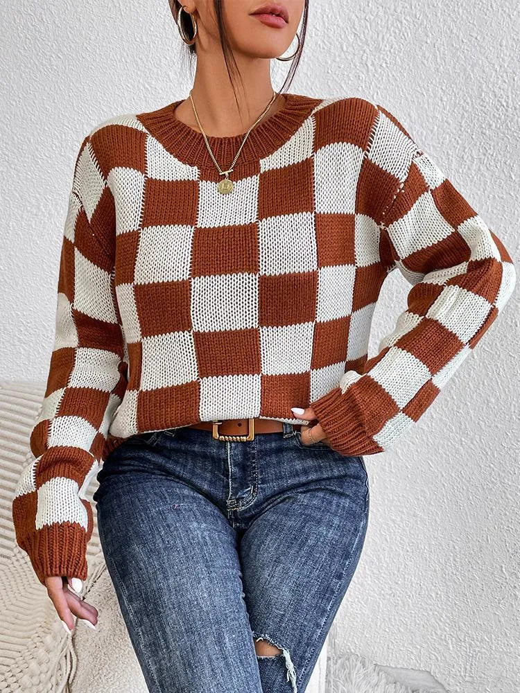 Dark brown plaid pattern men's acrylic pullover sweater with round neck and long sleeves.