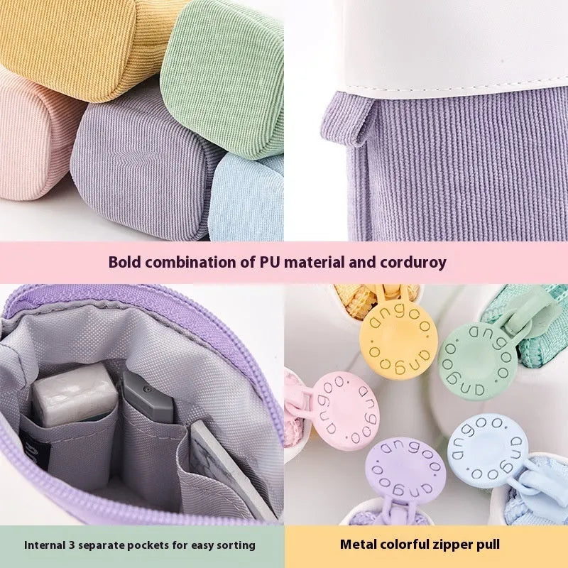 Purple PU corduroy Korean-style telescopic stationery case with zip closure.