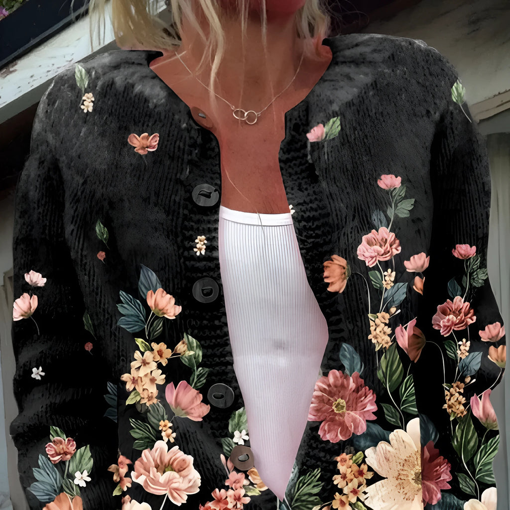 Women's digitally printed cardigan coat in polyester, open front style, shown on a hanger