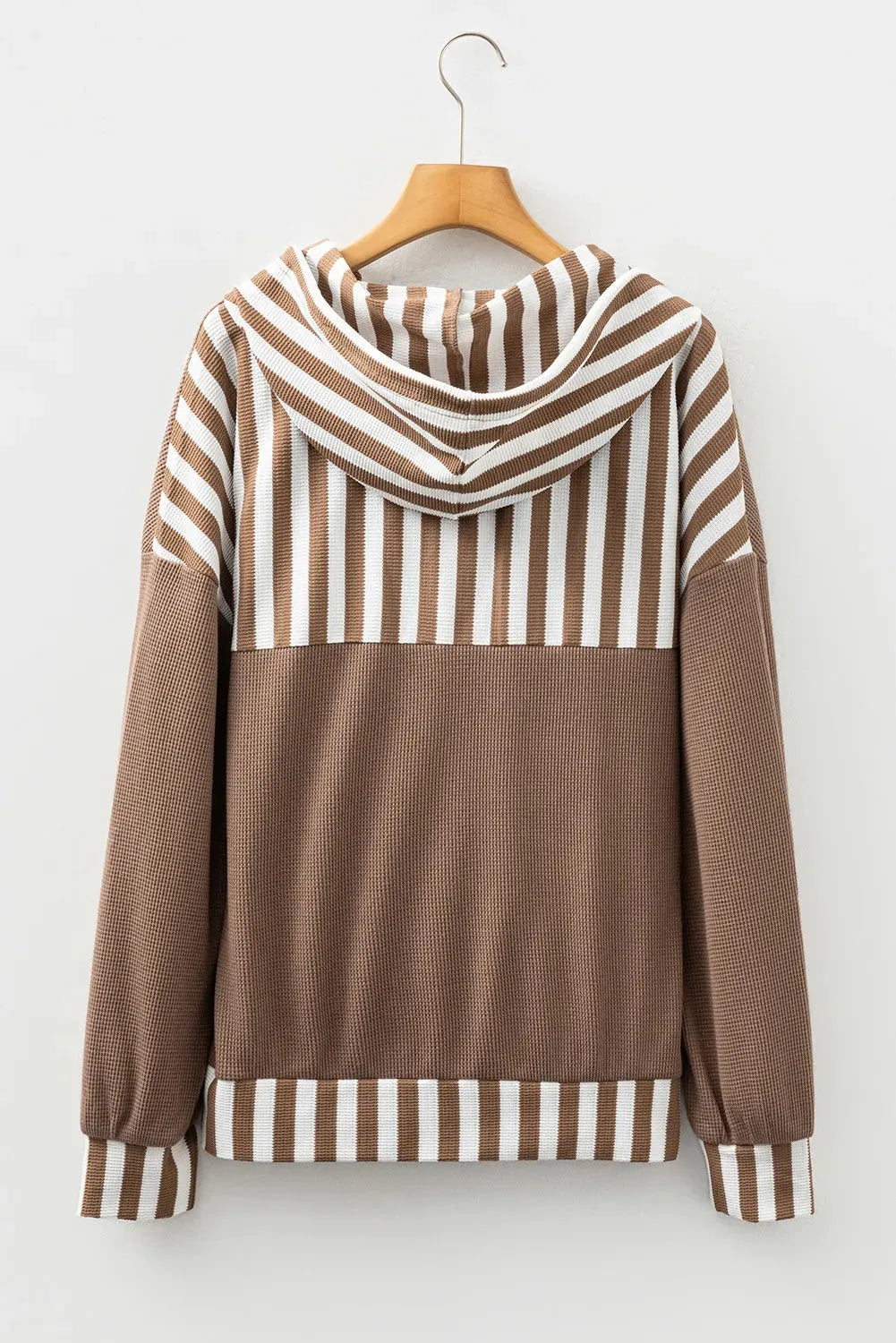Straw yellow waffle texture striped patchwork hoodie with button neck and drawstring hood