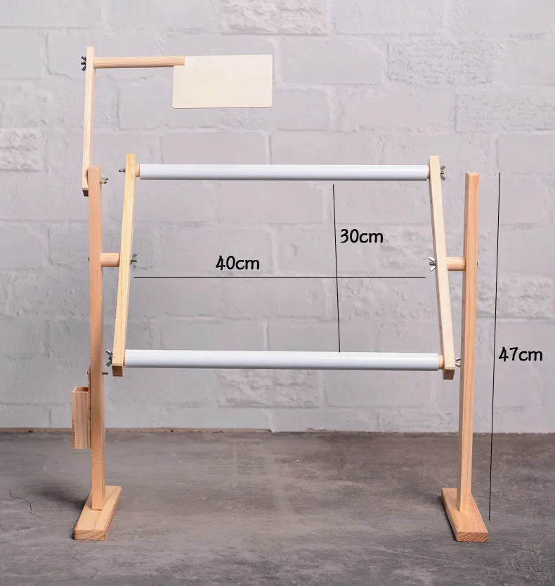 Vertical desktop pine wood cross stitch frame with height adjustment mechanism in natural wood finish