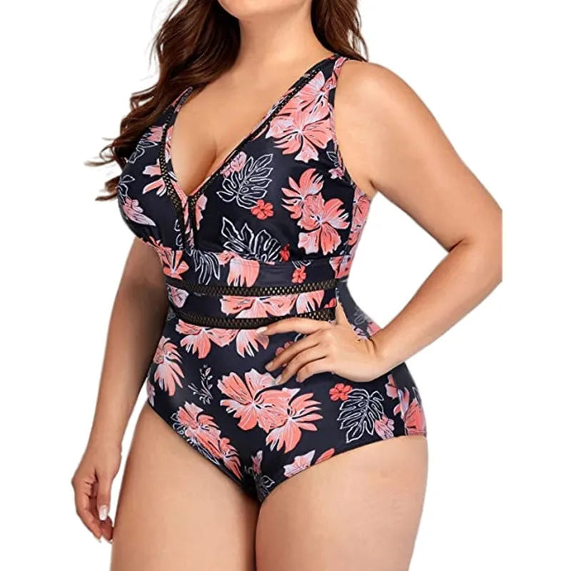 Women's plus size black printed mesh bikini swimsuit for swimming