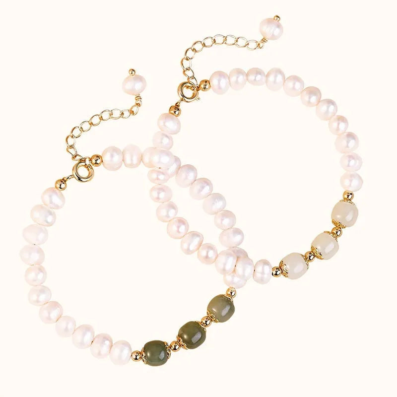Korean style freshwater pearl bracelet with diamond-shaped beads in Hetian jade green colour.