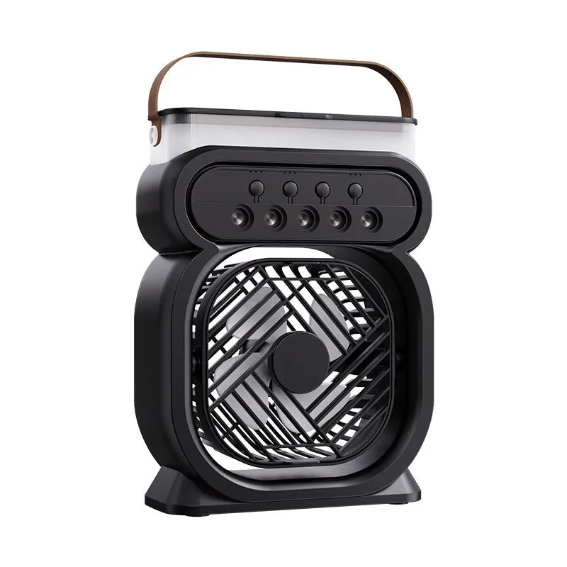 Black portable evaporative air cooler with humidifier tank and multi-colour LED lights on a desk