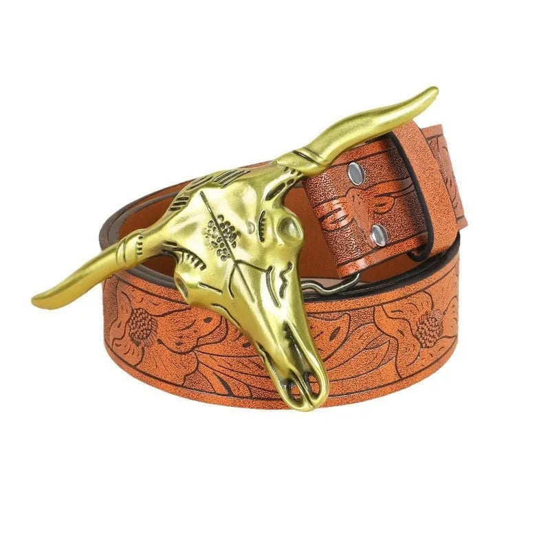 Men's brown imitation leather belt with a detailed silver alloy cow head buckle and pin buckle fastening.