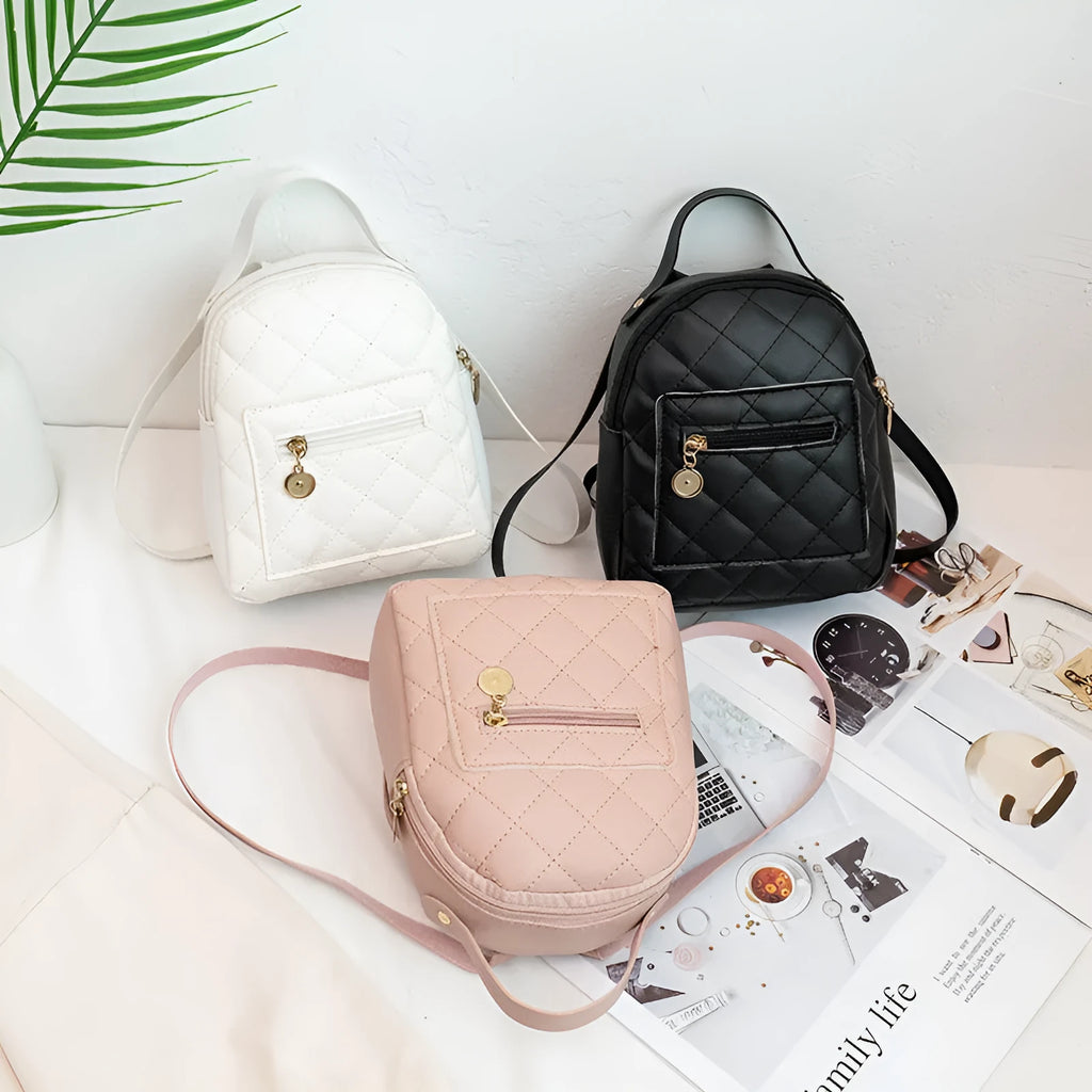 Hard shell white Korean style embroidered girls backpack with soft handle on a square background.