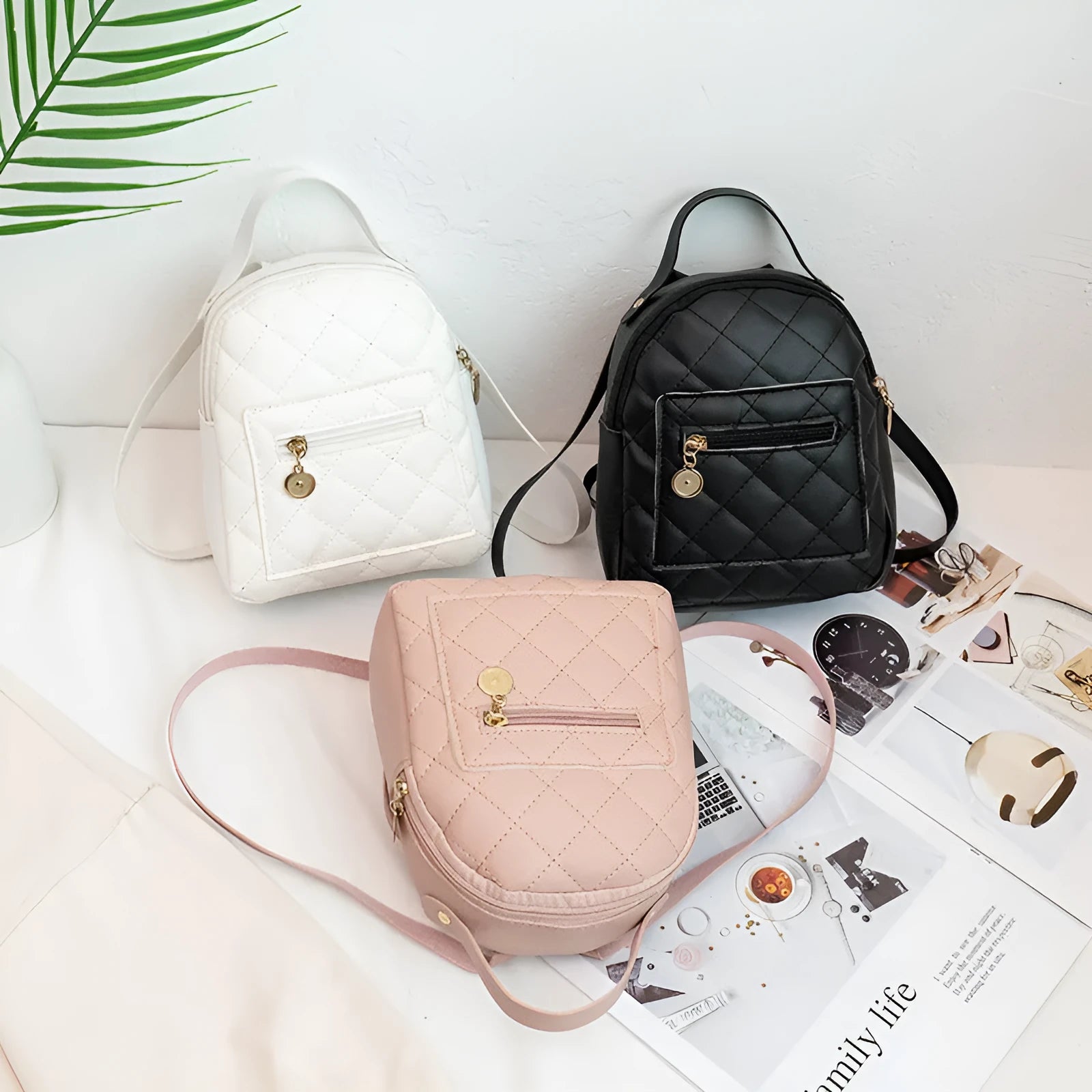 Hard shell white Korean style embroidered girls backpack with soft handle on a square background.
