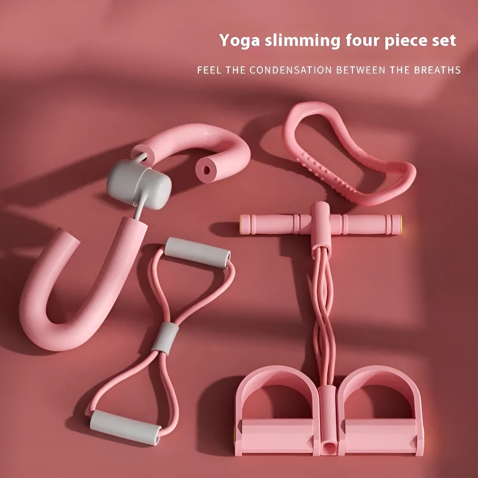 Yoga four piece fitness set with leg stretcher, pedal device, yoga ring, and tension rope.