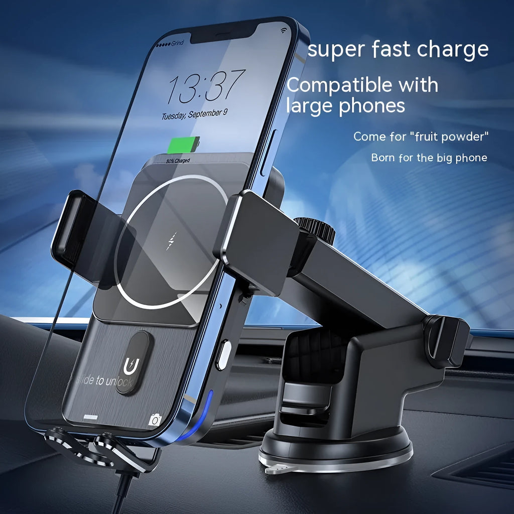 Car wireless charger mobile phone holder with 15W charging and two mounting options: clip style and suction cup