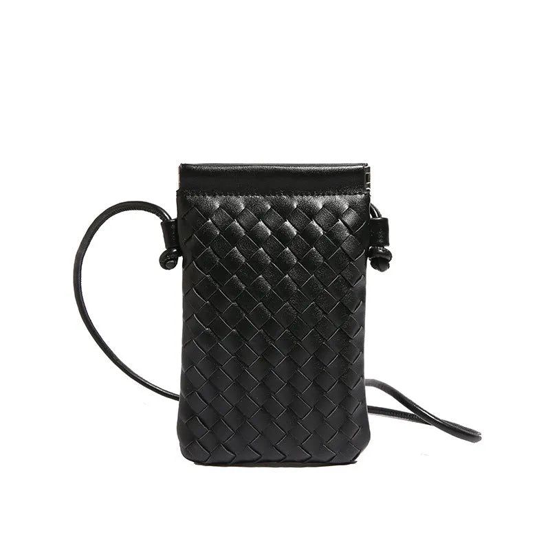 Vintage weave crossbody bag in vertical square shape showing European retro styling and dark cell internal compartment