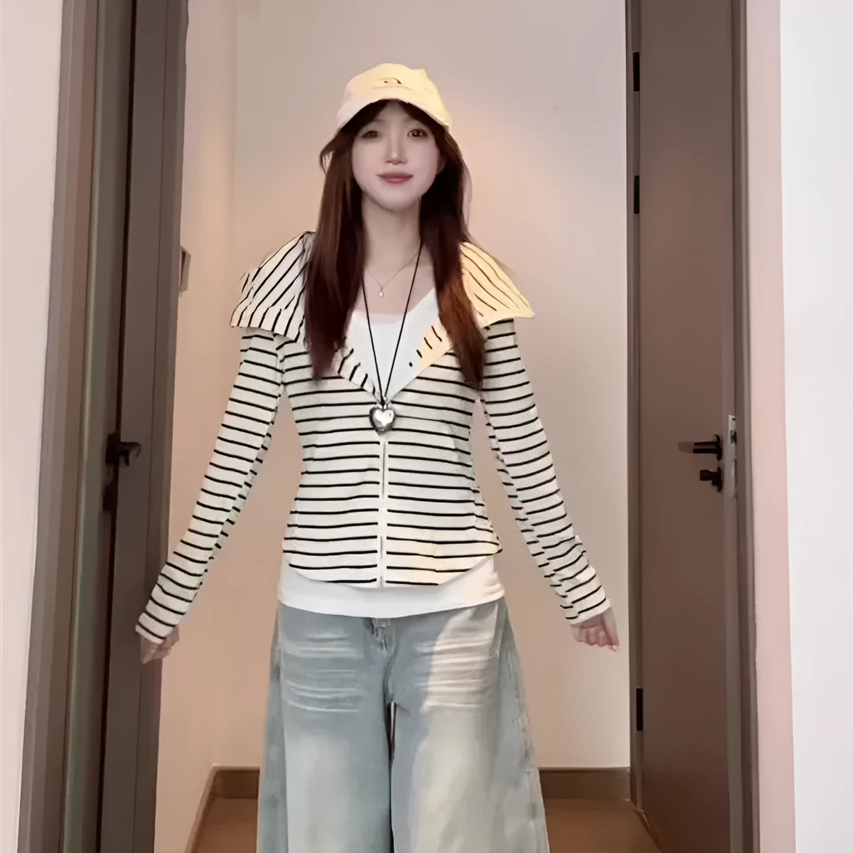 Women's striped hoodie coat with drawstring, spandex fabric, 50cm length, sizes S to XXL