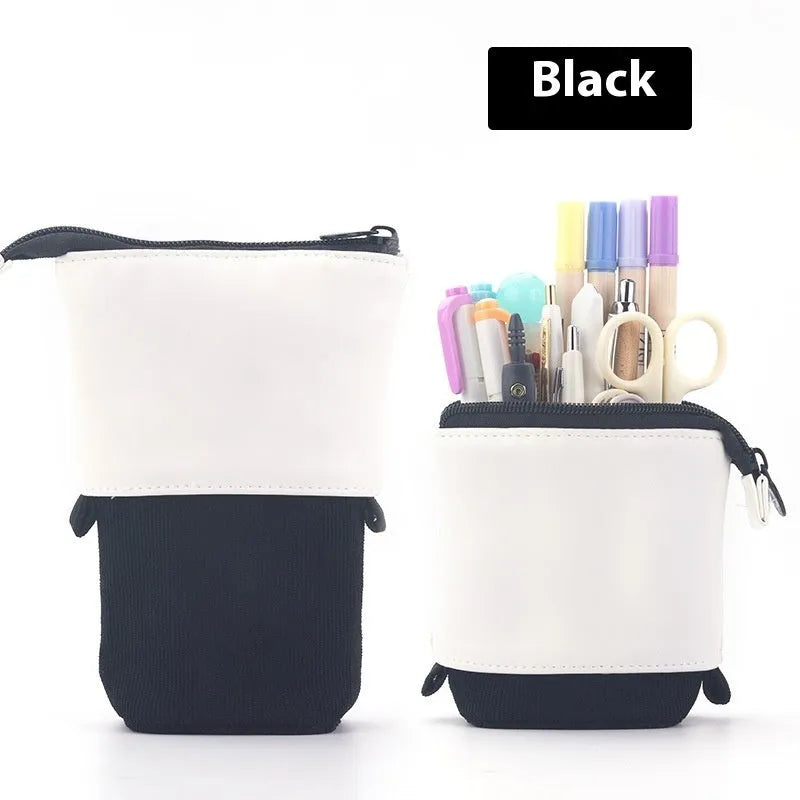 Purple PU corduroy Korean-style telescopic stationery case with zip closure.