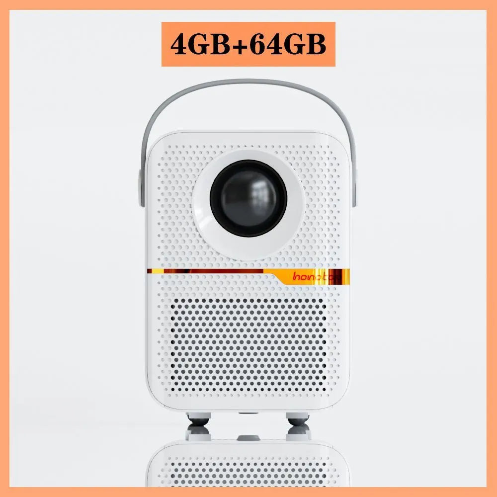 Black portable Android projector displaying 720p HD content with UK plug specification