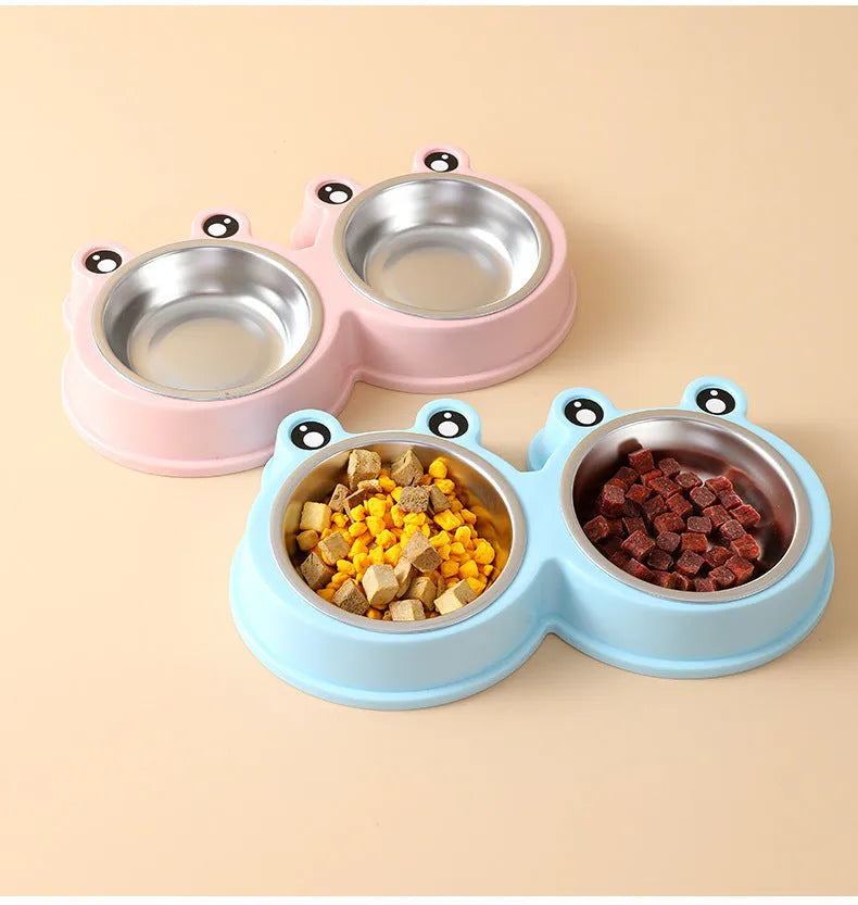 Stainless steel double pet bowl for food and water with a non-slip base and frog design, in blue colour.