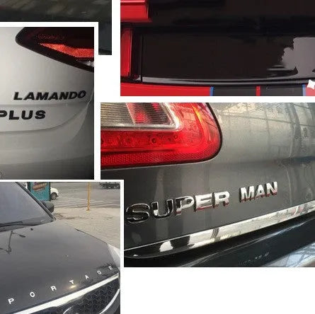 Zinc alloy metal car sticker with 3D raised English letter measuring 2.5cm in black finish