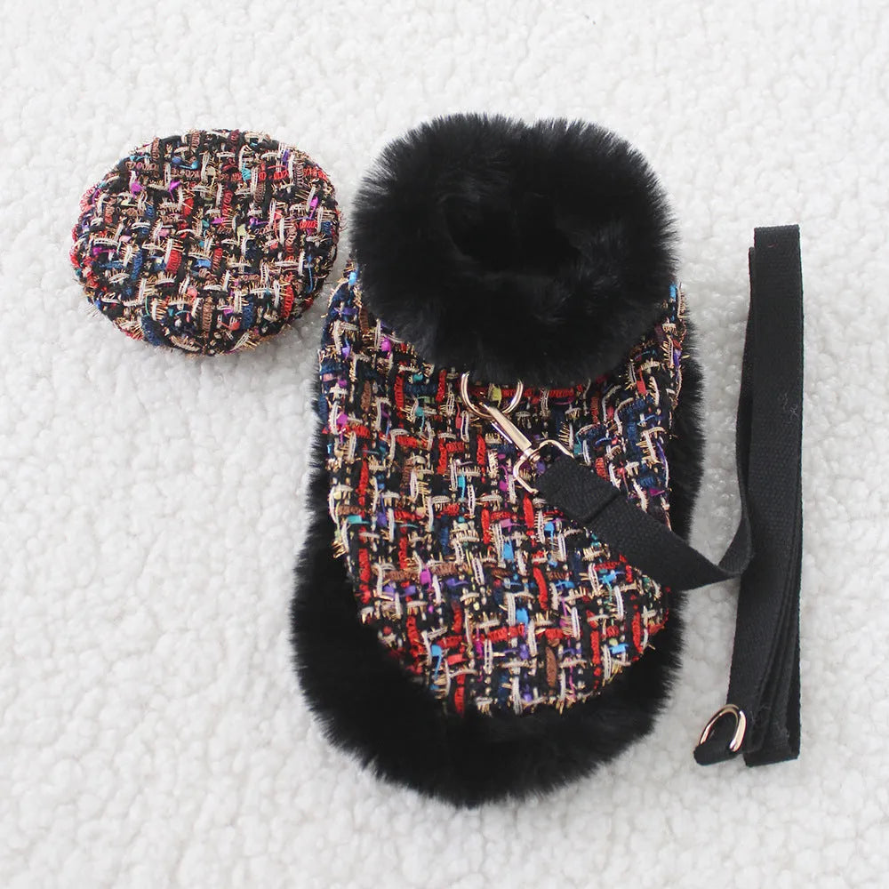 Classic style dog cloak with chest strap and matching hand holding rope in cloth material