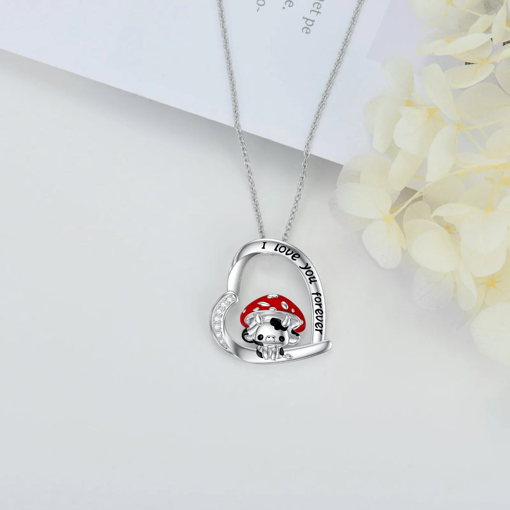 925 sterling silver cow necklace with mushroom hat pendant on love heart, 18in cable chain and 2in extender
